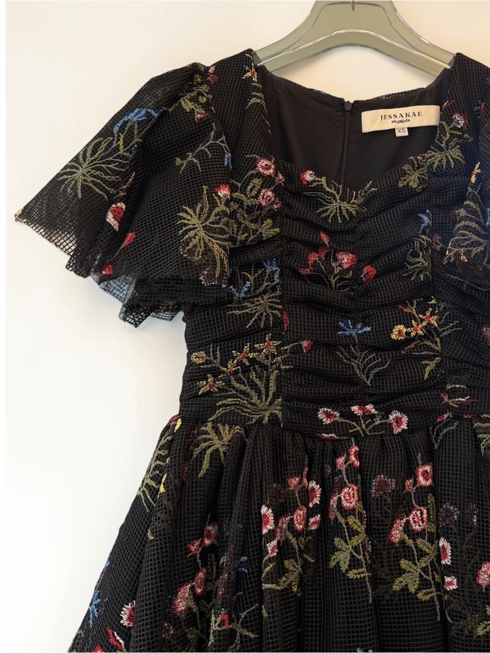 JessaKae Sybil Black Floral Embroidered Flutter Sleeve Midi Dress XS - Picture 5 of 9